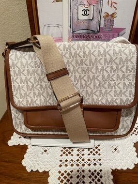 Michael Kors Beige & Brown MK Signature Crossbody Messenger Bag